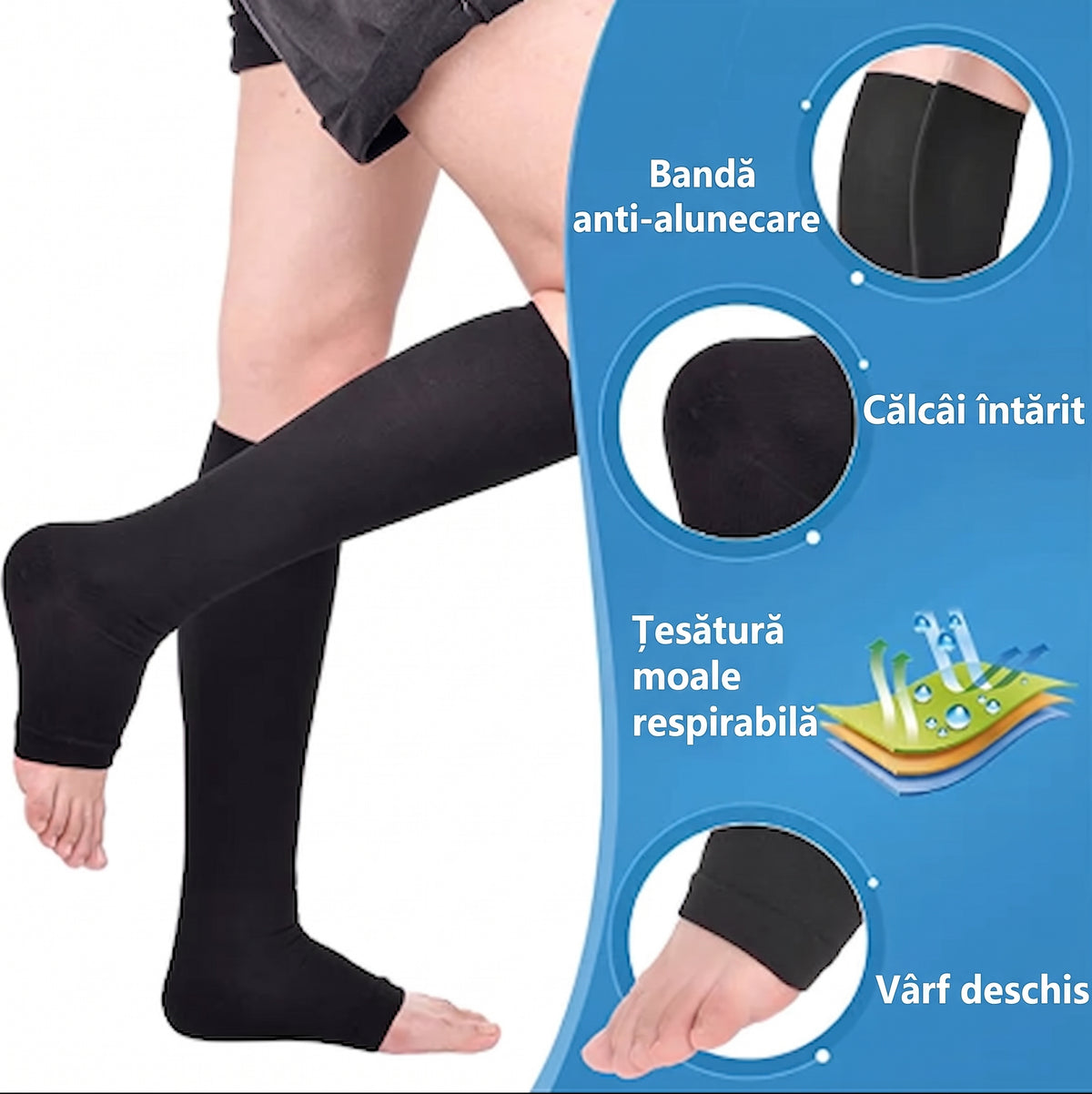 Ciorapi de Compresie Gradată Fără Degete OrtoPas® – Până la Genunchi (Unisex)