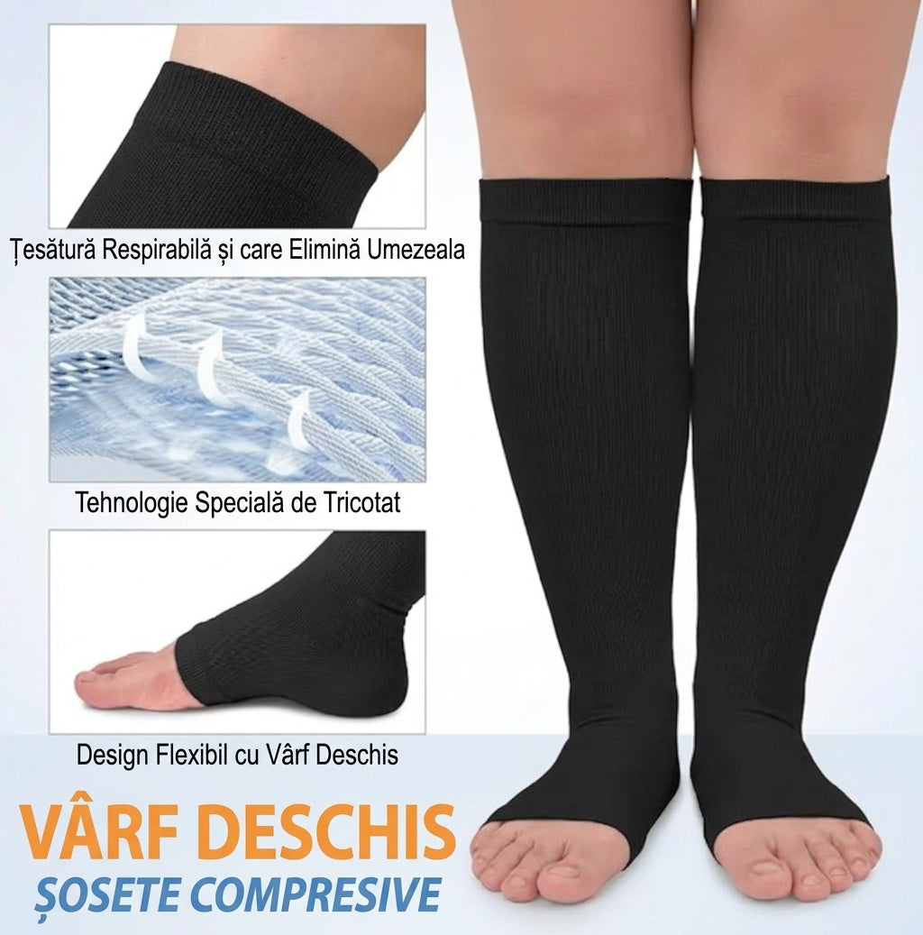 Șosete Compresive Gradate OrtoPas® Open-Toe (15-20 mmHg) – Pentru Varice, Picioare Umflate și Circulație